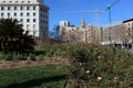 Fountain and flower garden in Plaza Catalunya and Casas Roca Mora, Barcelona, Ã¢â¬â¹Ã¢â¬â¹Spain